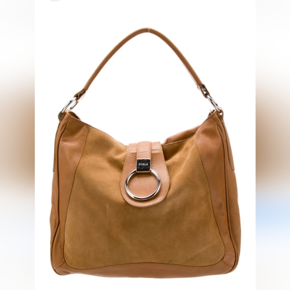 Furla, Suede and Pebble Leather Women's, Shoulder Bag, Zipper Closure,Color Tan
